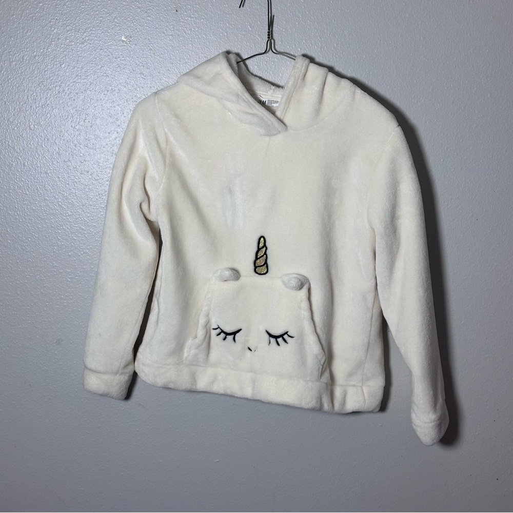 H&M Girls Kids White Cream Pullover Unicorn Hoodie Sweater size 8/10.